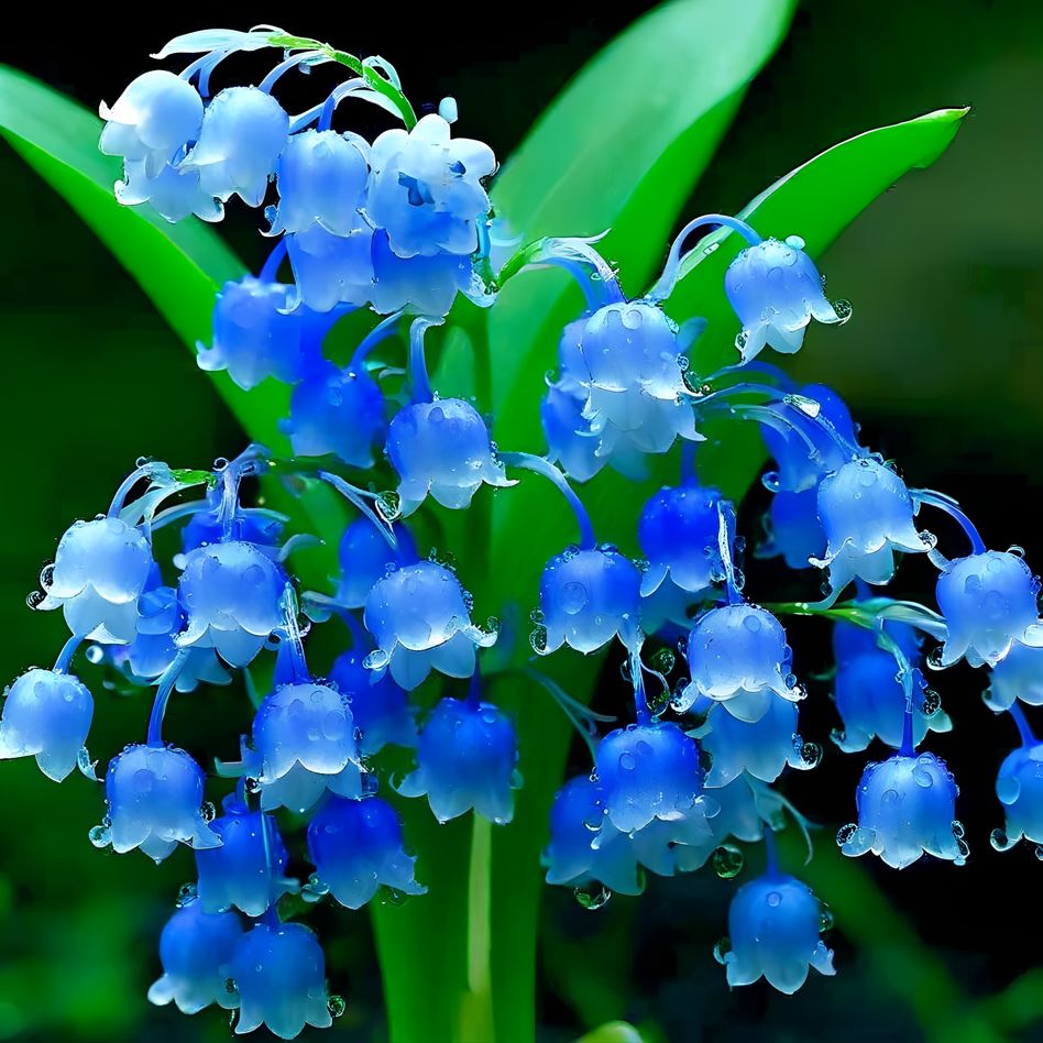 Lily of the Valley plant with vibrant blue bell-shaped flowers glistening with dewdrops