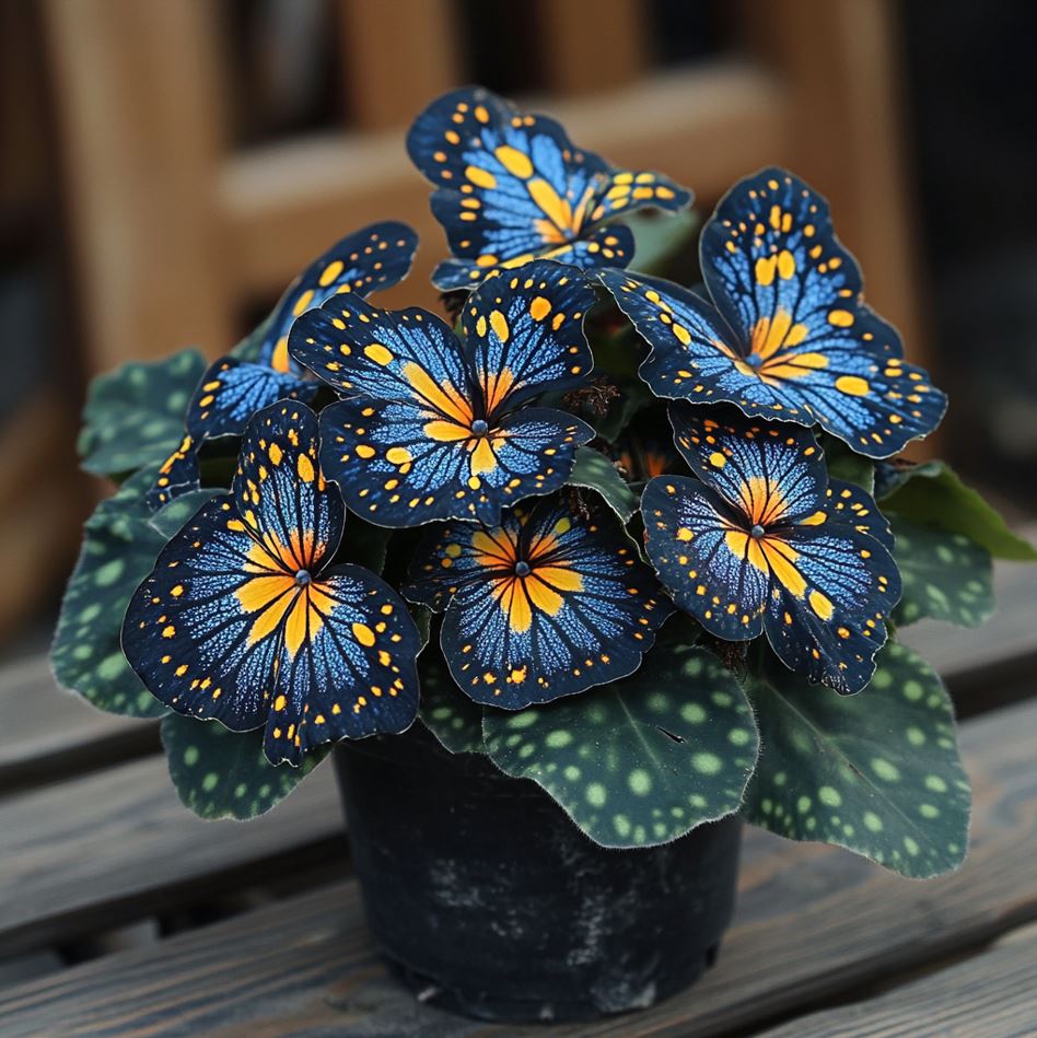 Blue and yellow Moonlight Butterfly Begonia with polka dot-like patterns in a black pot.