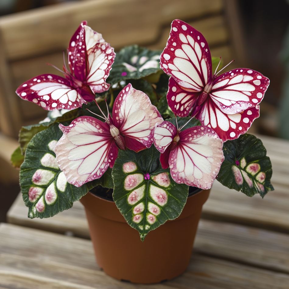 Begonia plant with burgundy and white butterfly-shaped leaves in a terracotta pot.