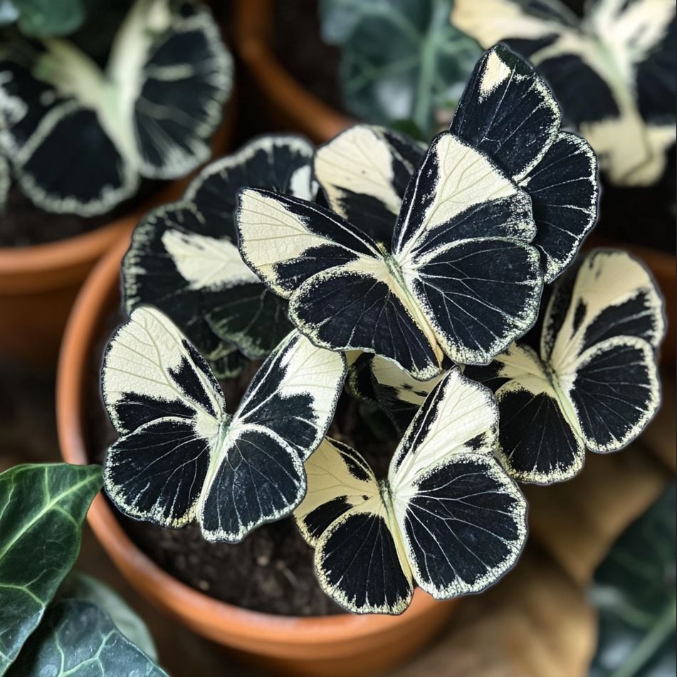 Close-up of Butterfly Begonia Leaves Resembling Black and White Butterflies