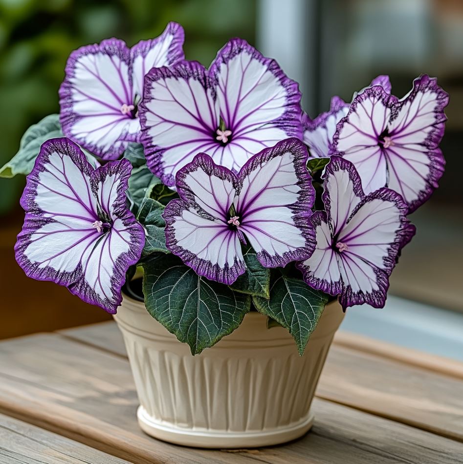 Beautiful Butterfly Begonia plant with large white and purple veined flowers in a decorative pot