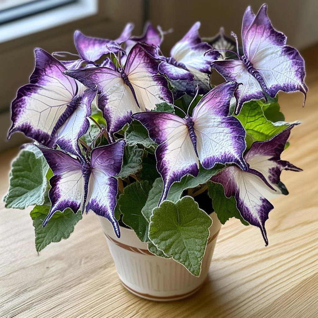 Butterfly Plant with purple and white butterfly-shaped flowers in a pot on a windowsill.