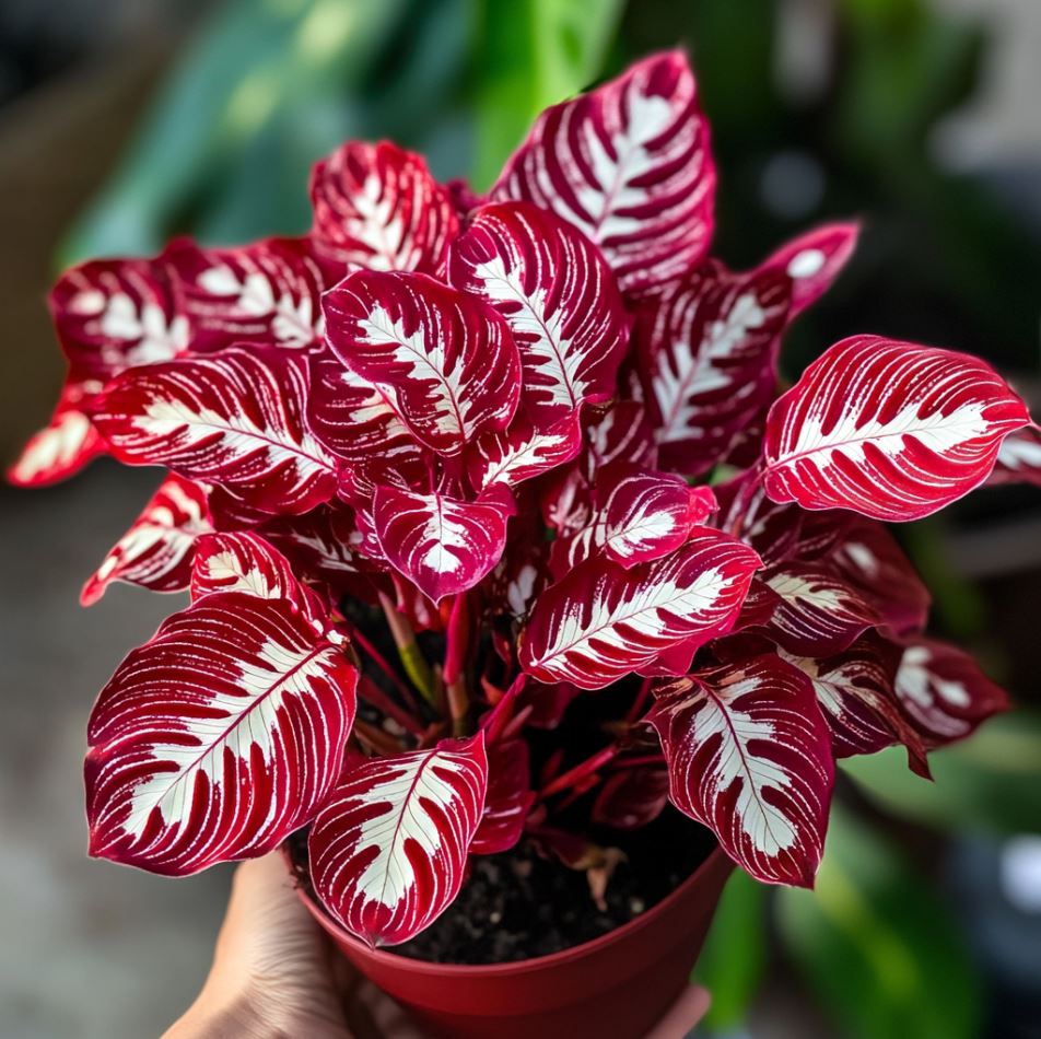 Calathea plant with vibrant red and white-veined leaves in a pot