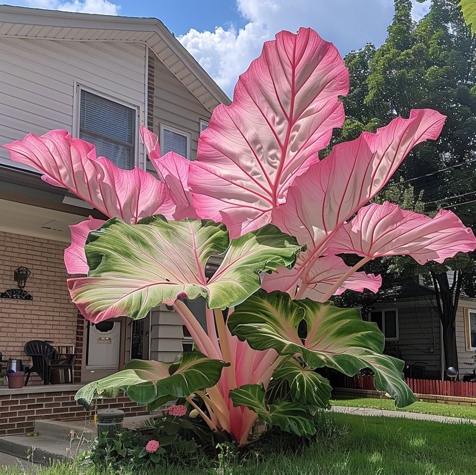 Giant Colocasia Elephant Ear plant with large pink and green leaves in front of a house.