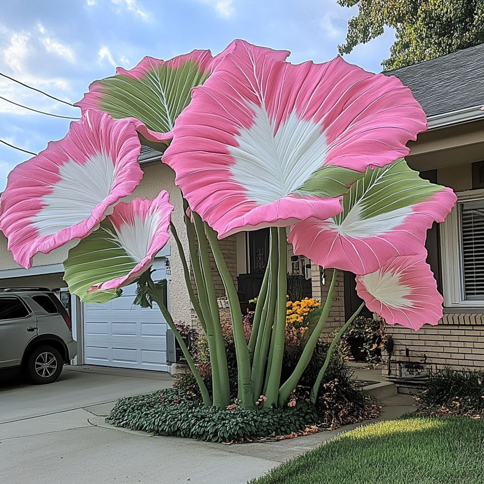 Colocasia gigantea Plant with Giant Pink Leaves in Front Yard