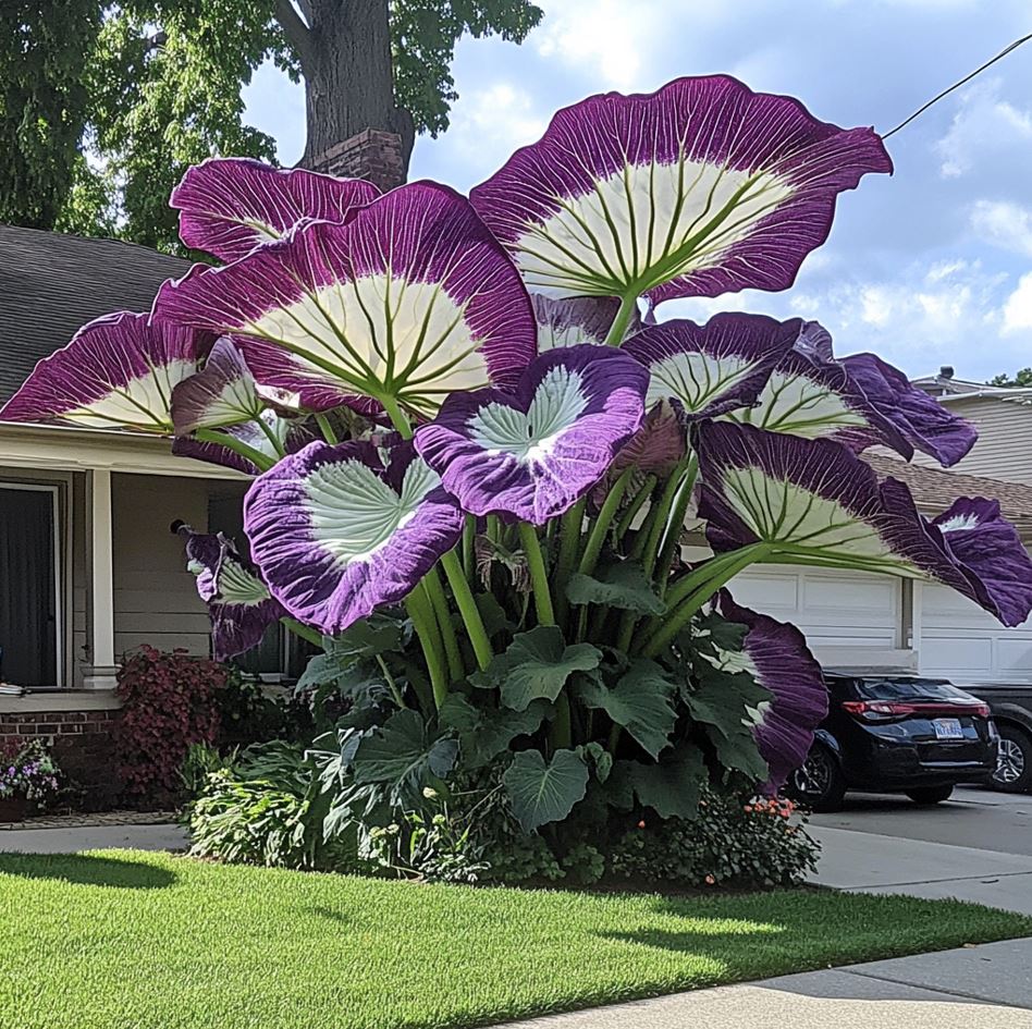 Colocasia gigantea with Large Purple and White Leaves in Front Yard