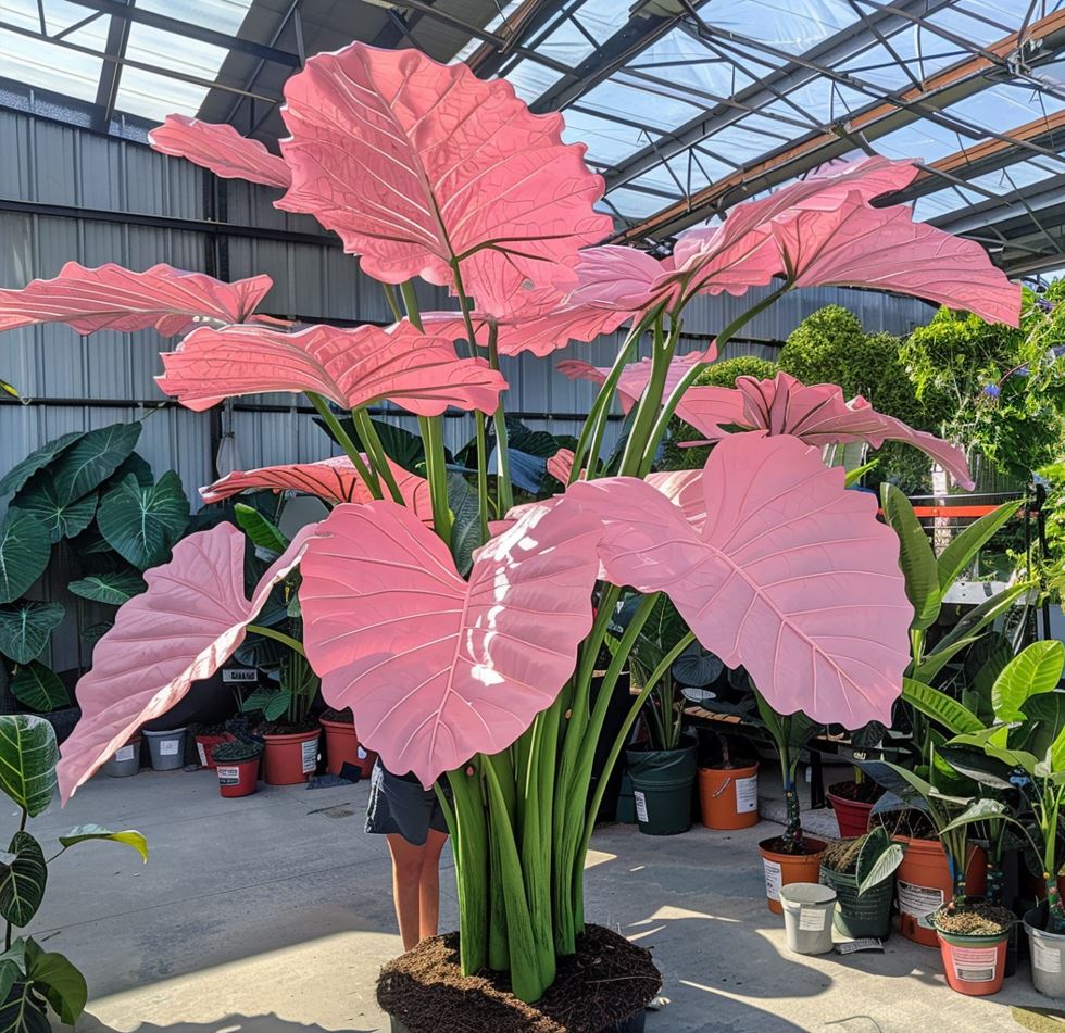 Colocasia gigantea plant with enormous pink leaves in a greenhouse