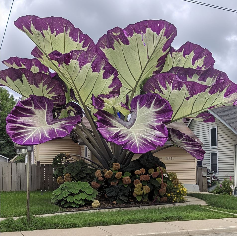 Colocasia gigantea plant with enormous purple and green leaves in a suburban front yard