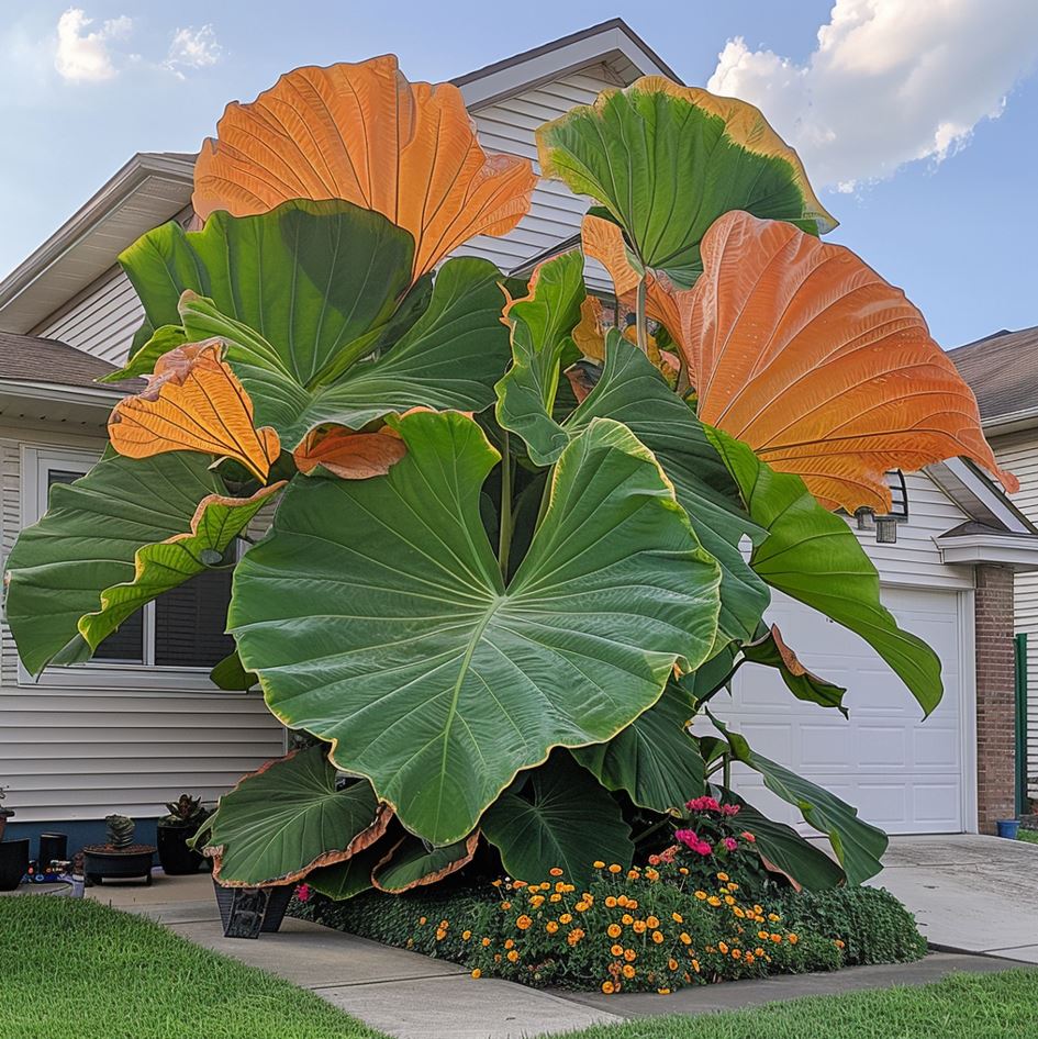 Colocasia gigantea plant with enormous orange and green leaves in a suburban front yard