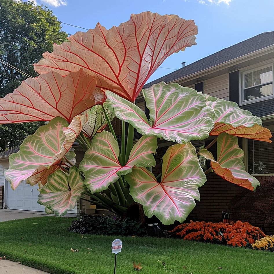 Colocasia gigantea plant with large red-veined leaves in a suburban front yard