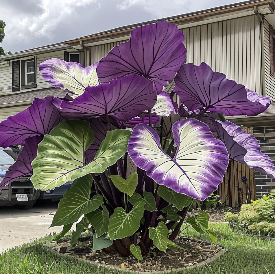 Colocasia gigantea plant with large purple and green leaves in a front yard garden