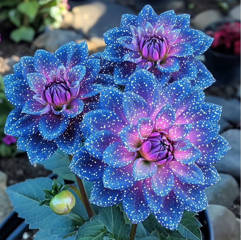 Cosmic blue and purple flowers with starry white speckles