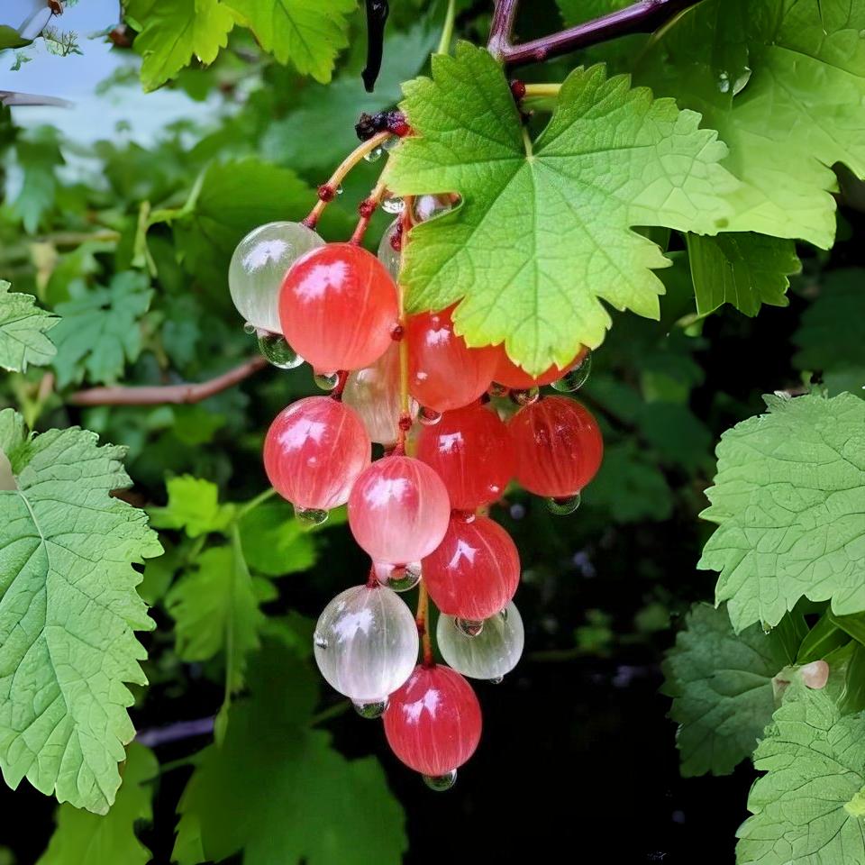 Semi-transparent pink grapes hanging on a vine with green leaves