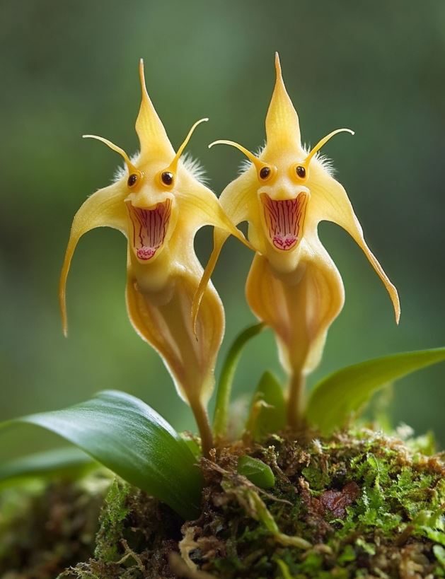 Yellow Monkey-faced Orchid Flowers Growing on Moss