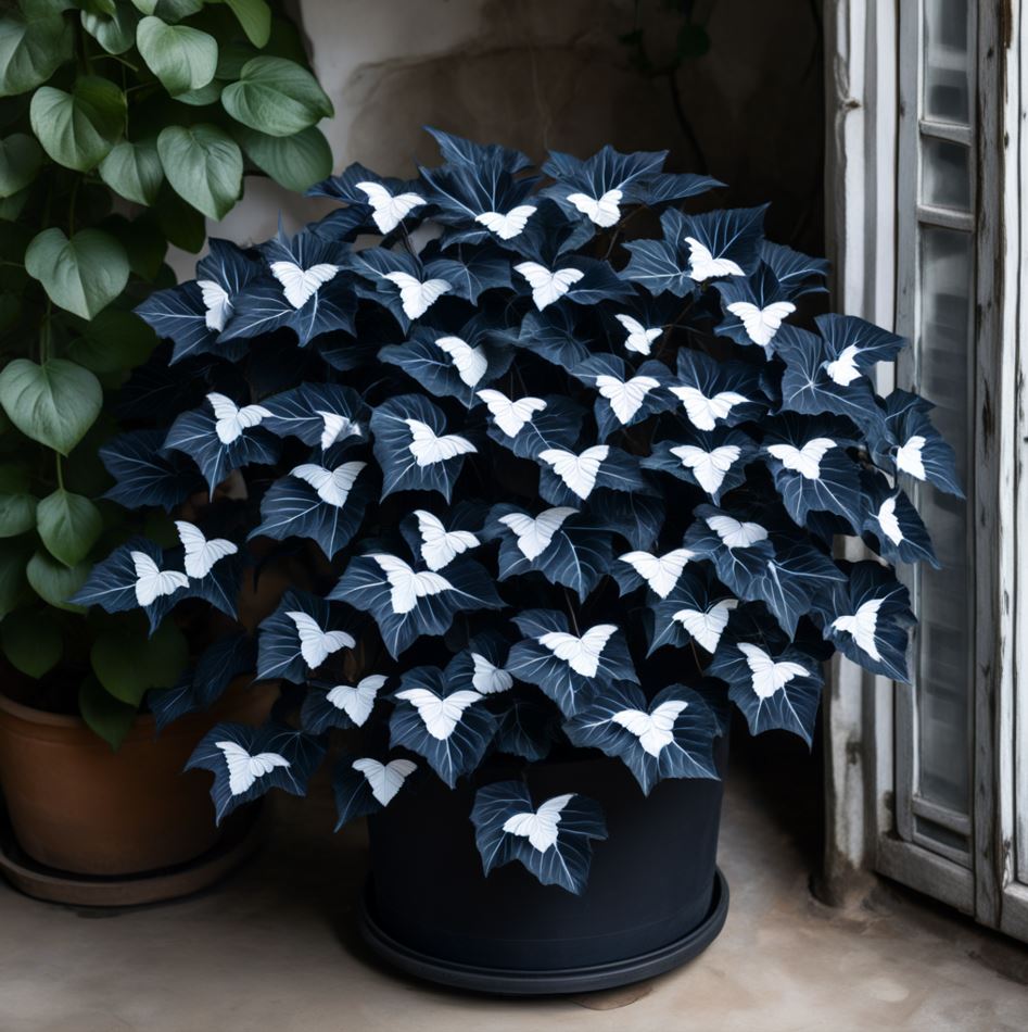 Dark Blue Begonia Plant with White Butterfly-Shaped Leaves in a Pot