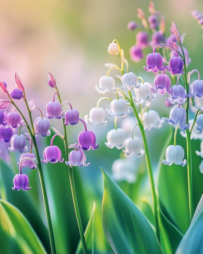  Purple and white bell-shaped flowers in a soft, pastel garden setting