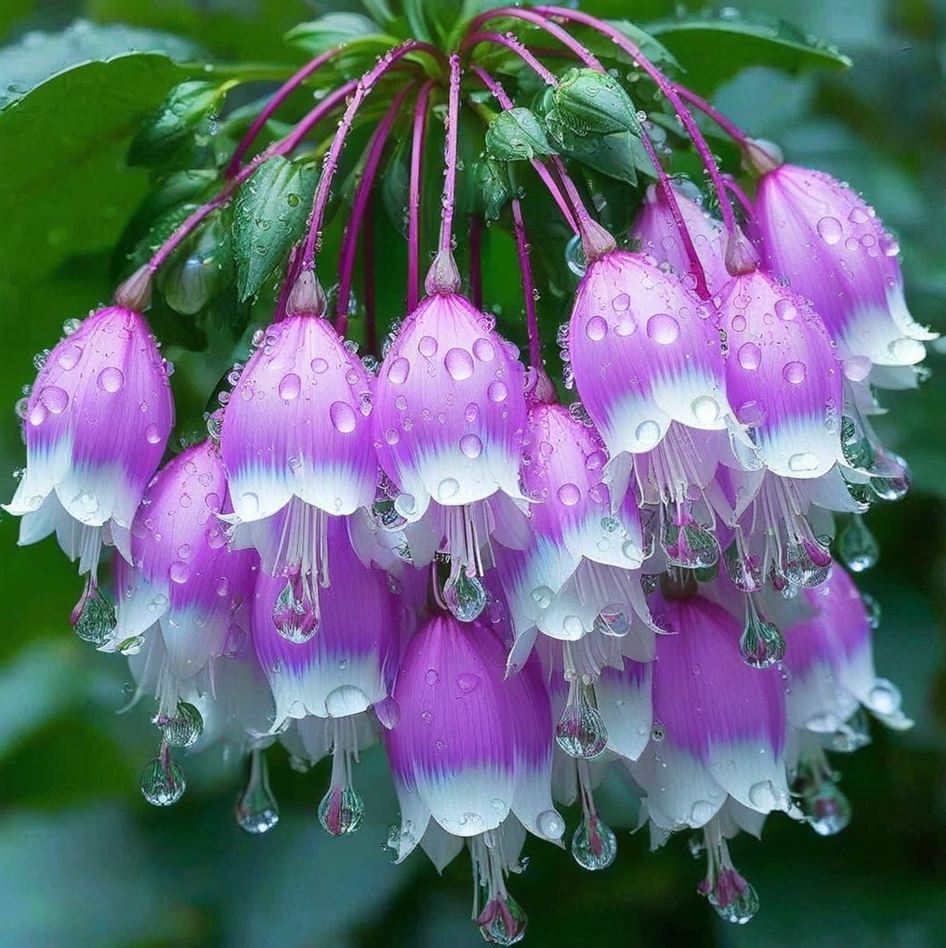 Pink and White Bell-Shaped Flowers with Water Droplets.