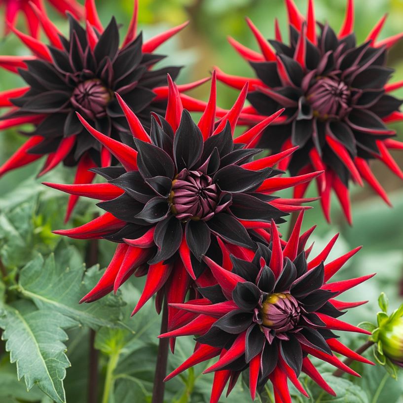 Bold black and red flowers with spiky petal formations