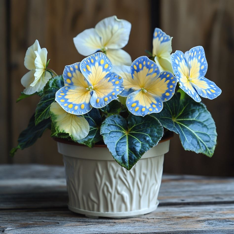 Butterfly Begonia plant with soft blue and yellow polka dot-like flowers in a cream pot