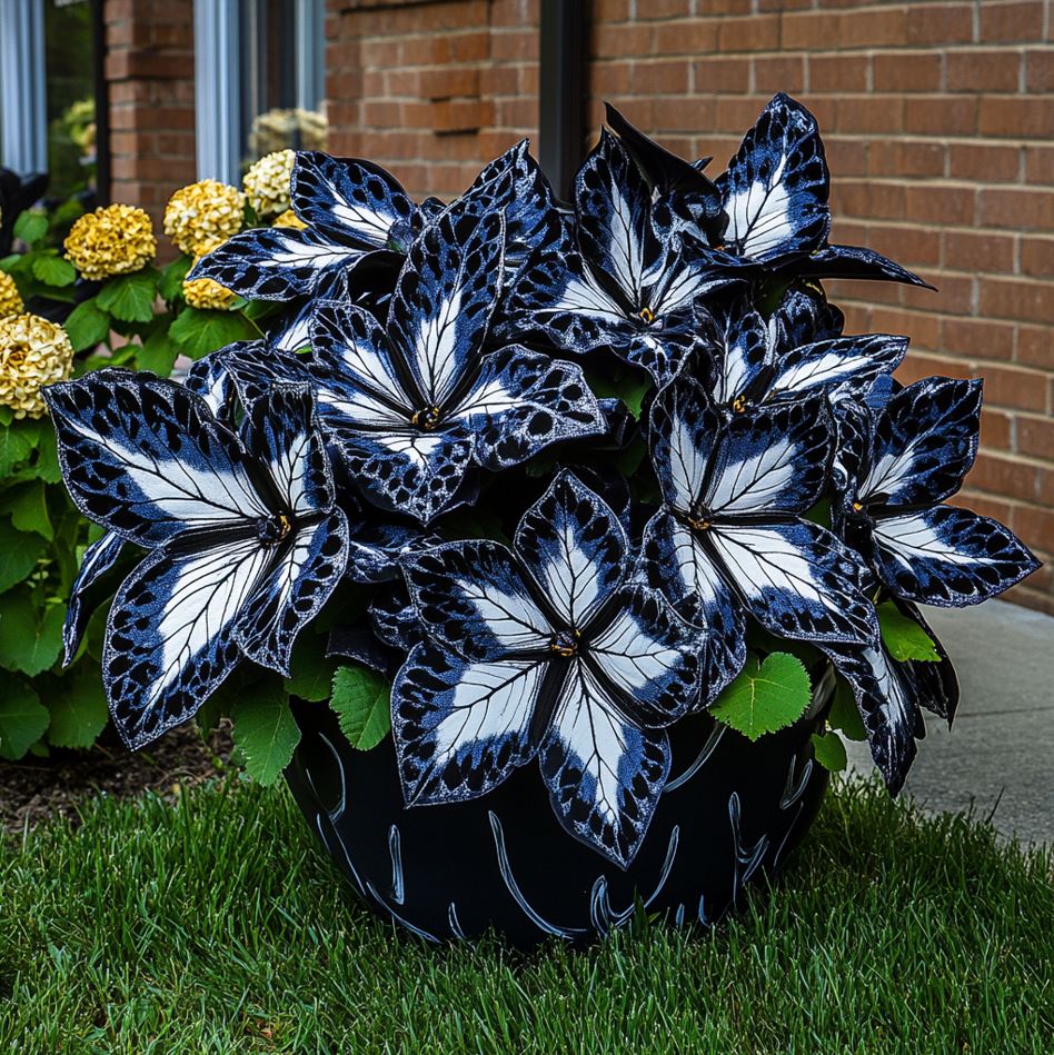 Striking black and white Butterfly Begonia plant in a decorative pot, placed in a front yard garden