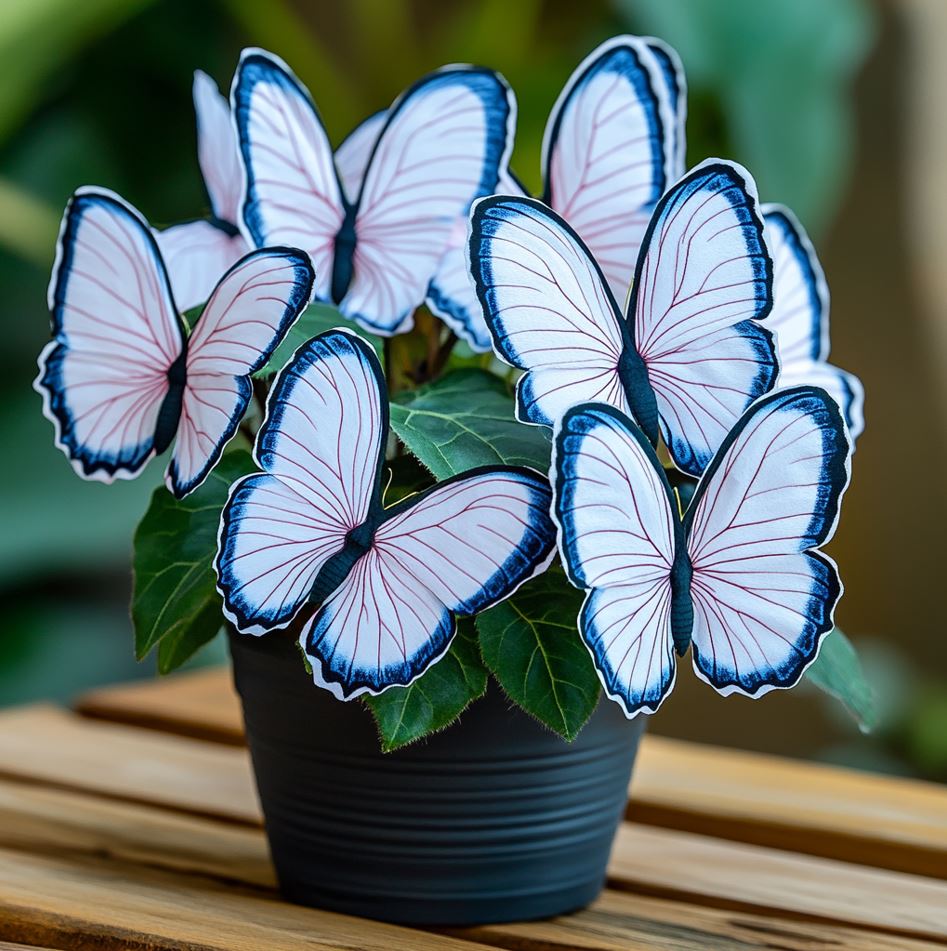 Butterfly Begonia plant with white flowers and blue edges in a sleek black pot