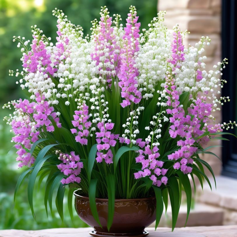 Beautiful arrangement of pink and white Lily of the Valley flowers in a decorative pot.