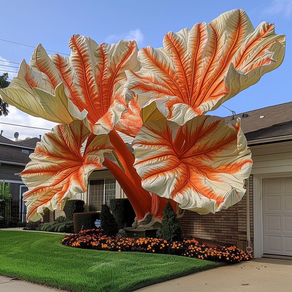 Giant orange and cream Elephant Ear Plant in front yard