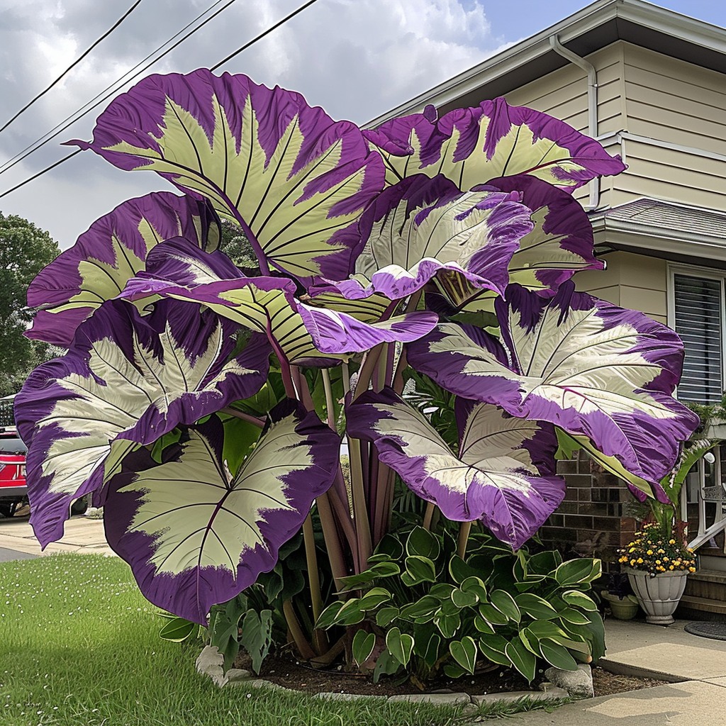 Giant purple and white Elephant Ear Plant in front yard