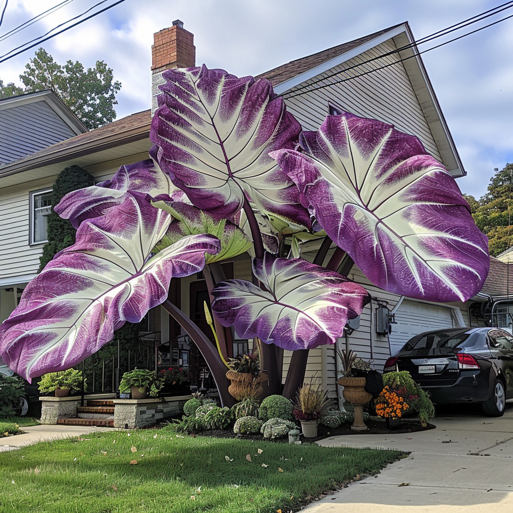 Giant purple and white Elephant Ear Plant in front yard