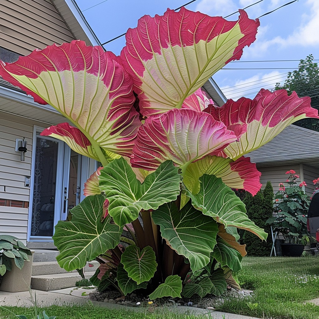  Giant red and yellow Elephant Ear Plant in front yard