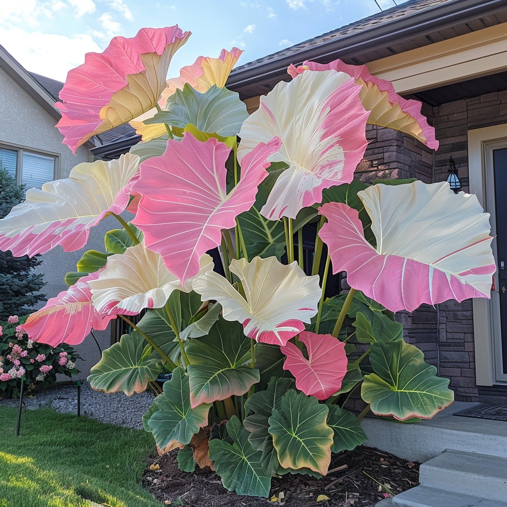 Giant pink and white Elephant Ear Plant in front yard