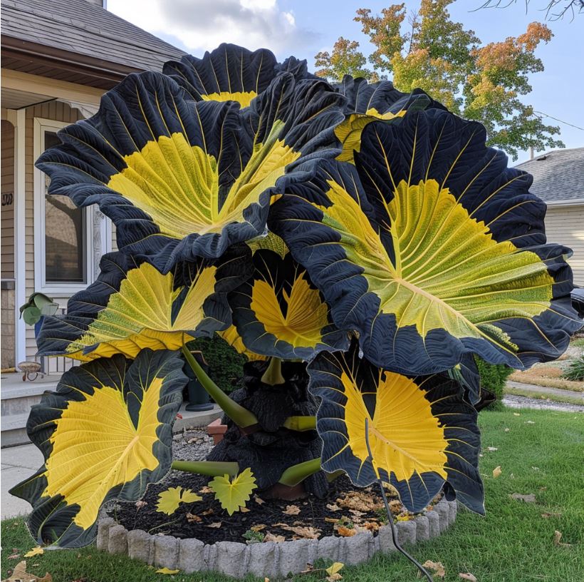 Giant black and yellow Elephant Ear Plant in front yard