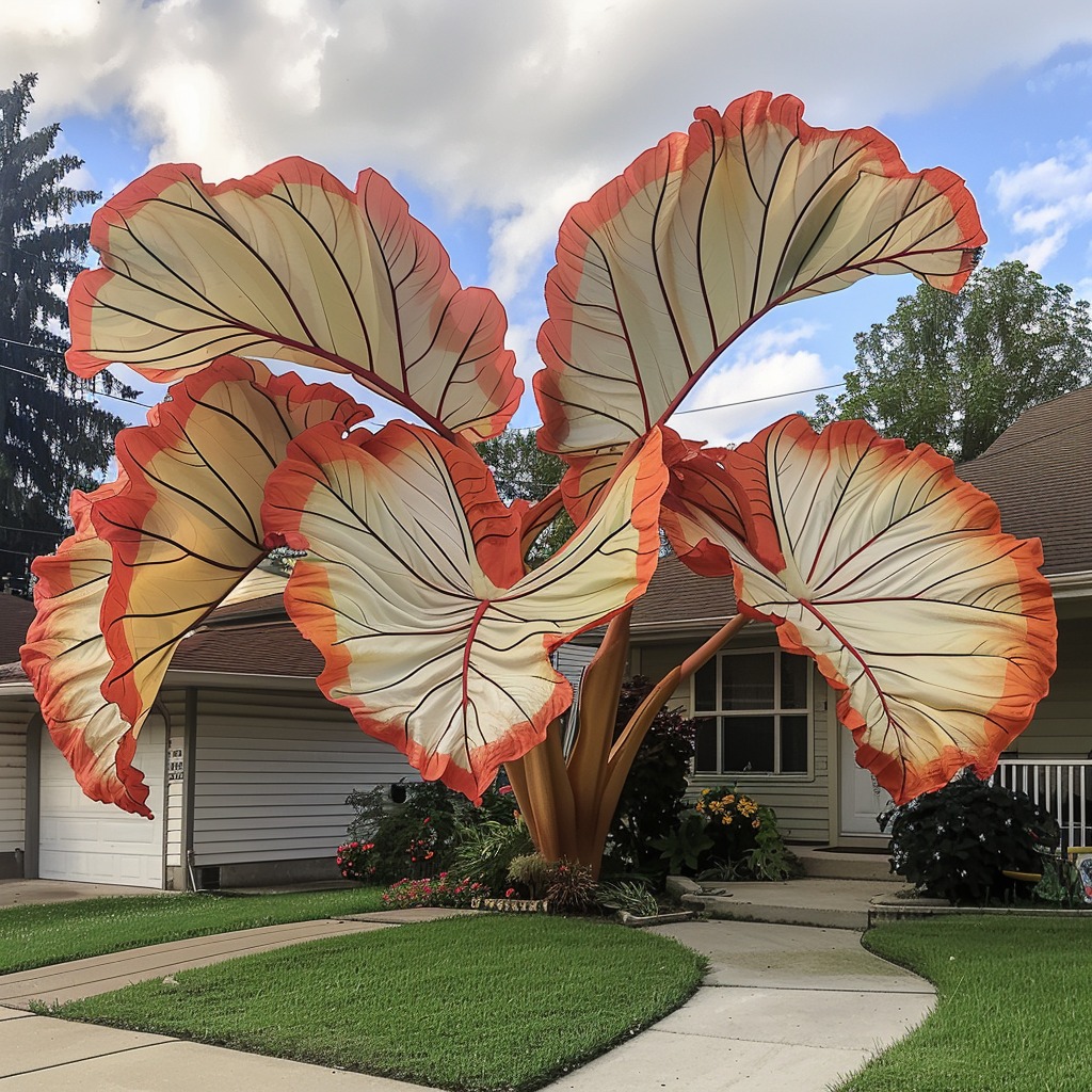  Giant Elephant Ear Plant with orange and white leaves in front yard