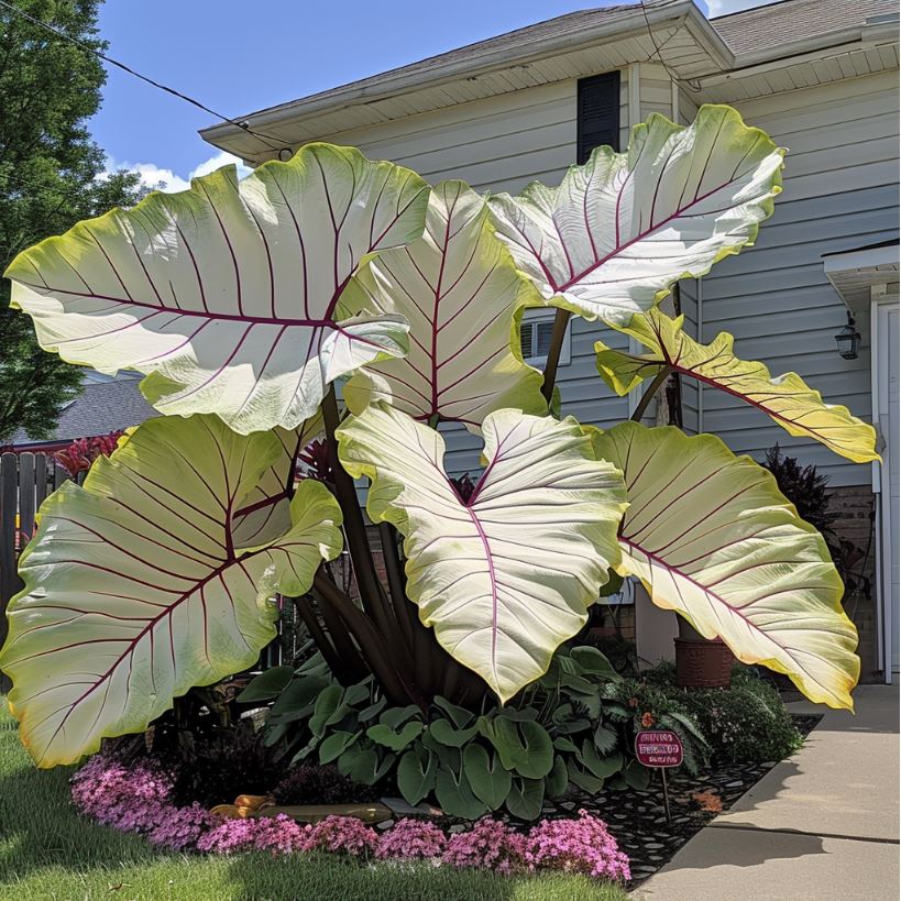 Giant white and green Elephant Ear Plant with red veins in front yard