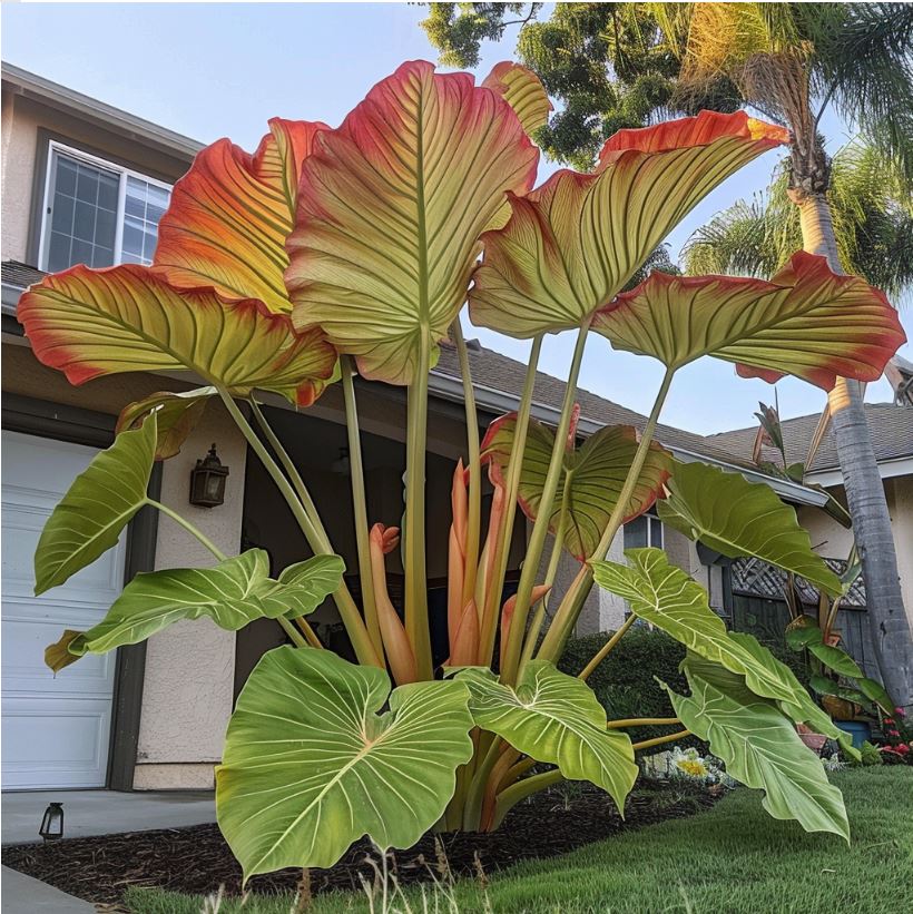  Giant green and orange Elephant Ear Plant in front yard