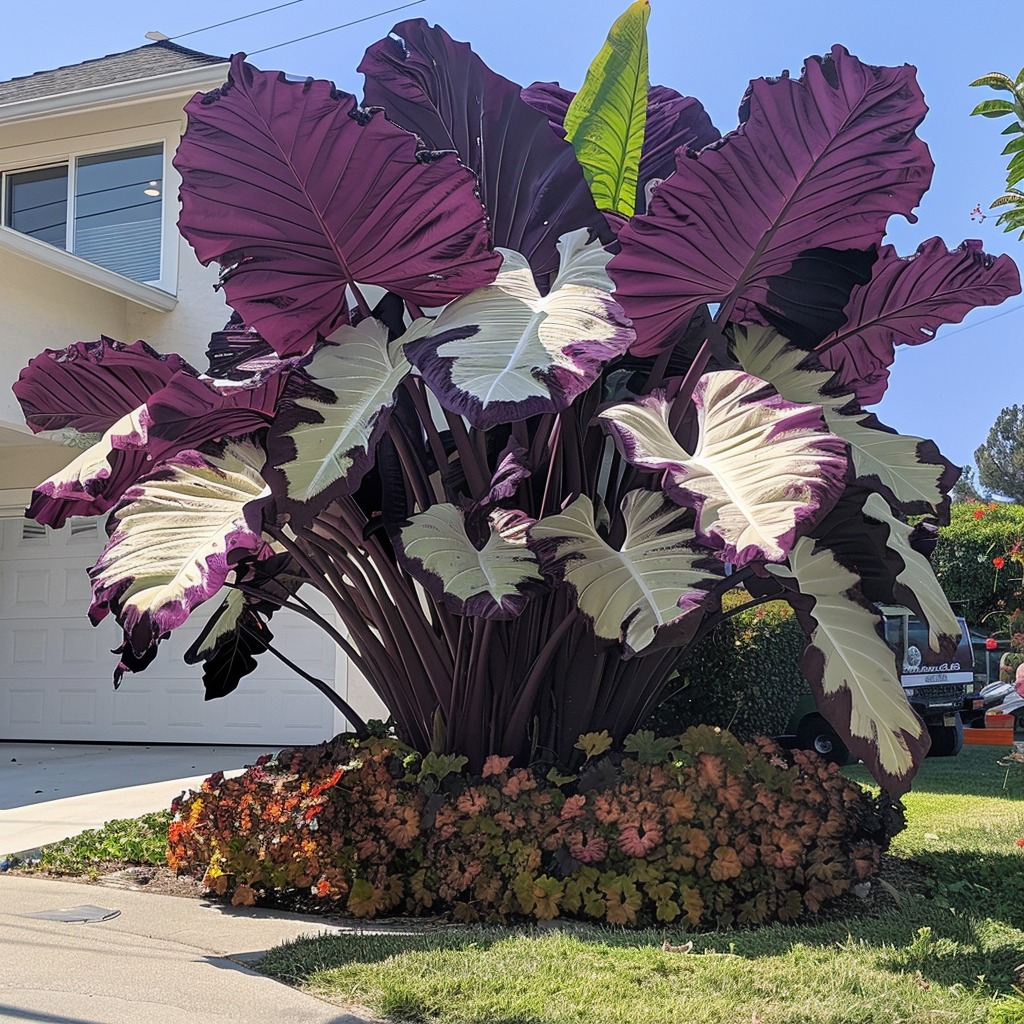 Giant Elephant Ear 'Tropical Flame' with vibrant orange and white leaves in a front yard