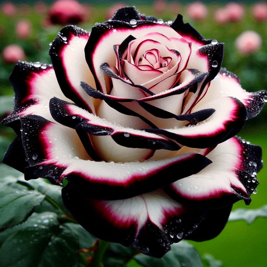 Black and White Rose with Dark Edges and Dew Drops