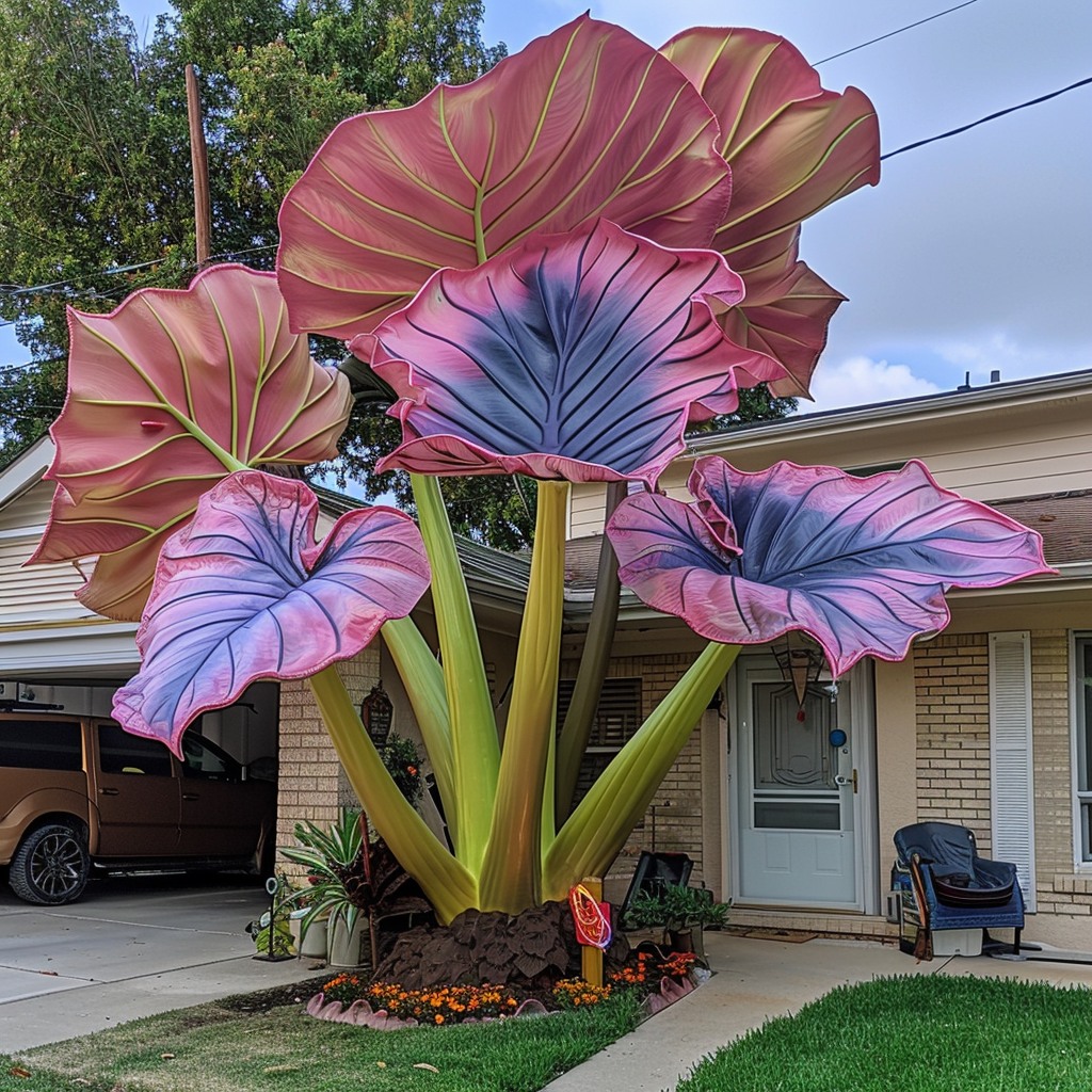 Giant pink and purple Elephant Ear Caladiums in a front yard landscape.