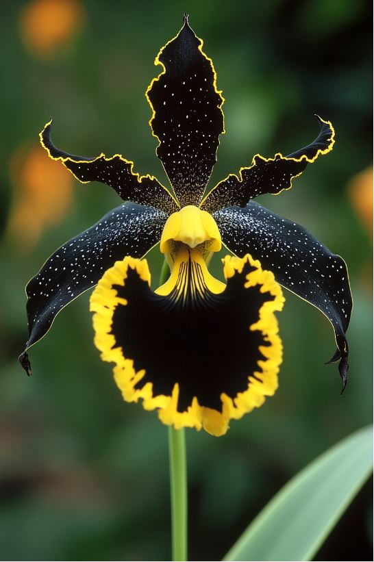 Exotic black and yellow flower with striking petal patterns