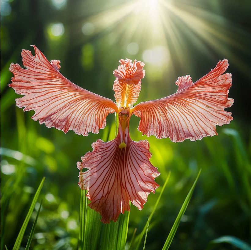 Exotic flower with delicate wing-like petals glowing under sunlight