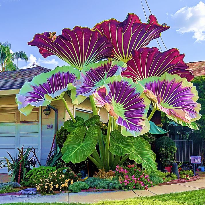 Colocasia gigantea 'Thailand Giant' in a Front Yard Garden