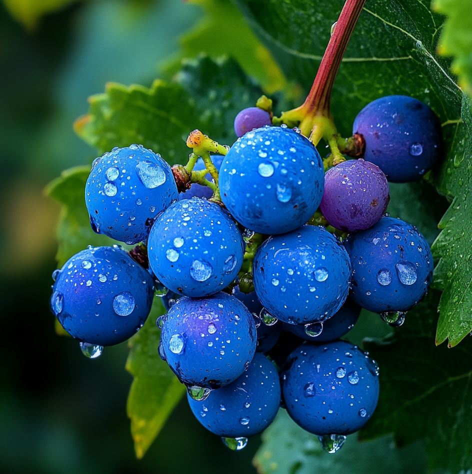 Blue grapes hanging on a vine with water droplets