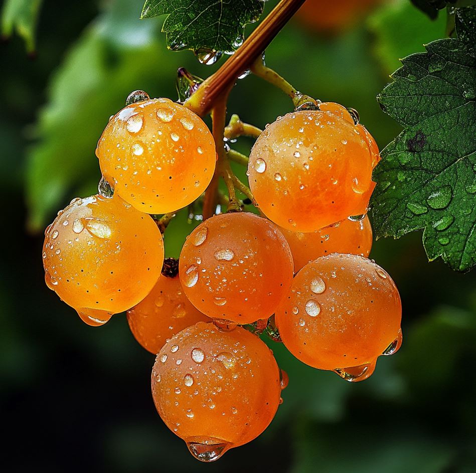 Orange grapes hanging from a vine with dewdrops