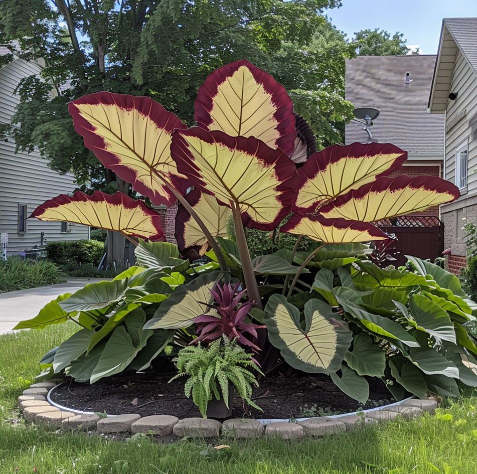 Giant Colocasia Elephant Ear Plant with Cream and Maroon Leaves in a Garden Setting.