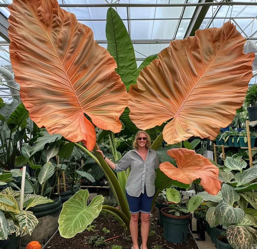 Giant Colocasia Elephant Ear Plant with Large Orange Leaves in a Greenhouse.