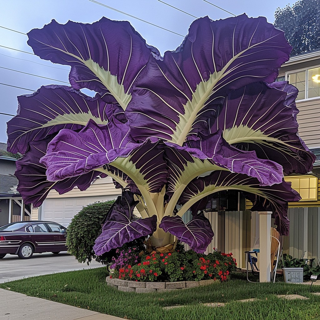 Giant Colocasia plant with large purple leaves in a residential garden.