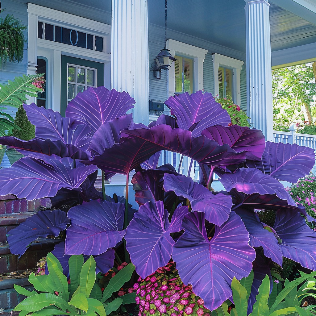 Giant Colocasia with vibrant purple leaves enhancing a porch landscape.