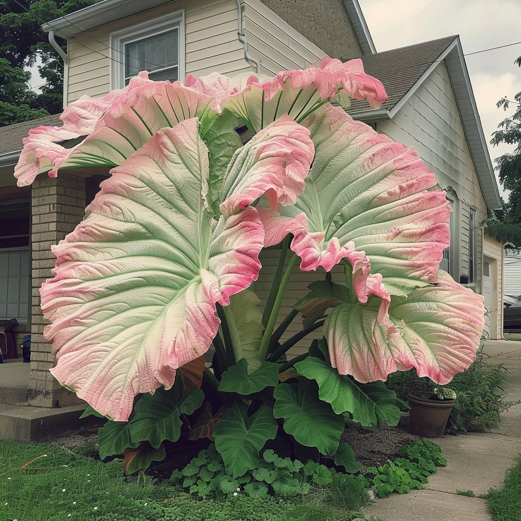 Giant Elephant Ear Caladium with pink and white ruffled leaves in front of a house.