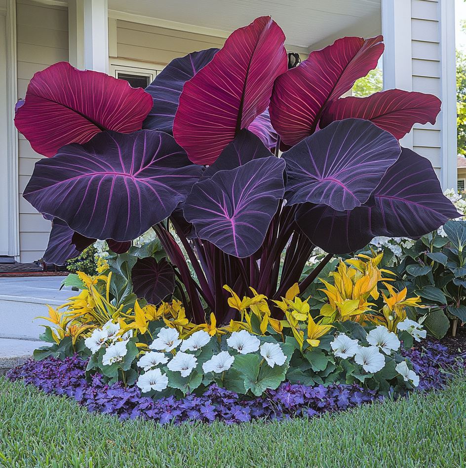 nt Elephant Ear plant with dark purple and pink leaves in a colorful garden setting.