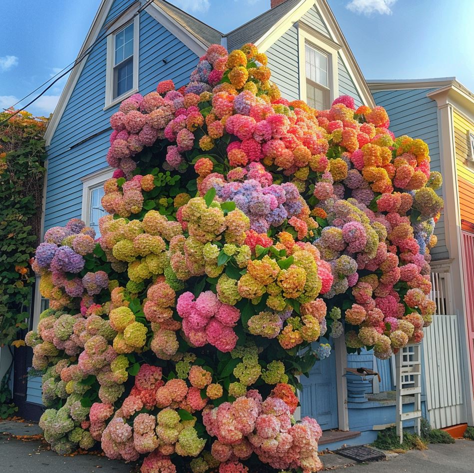 Giant Hydrangea Bush 'Rainbow Burst' Covering a New England House.